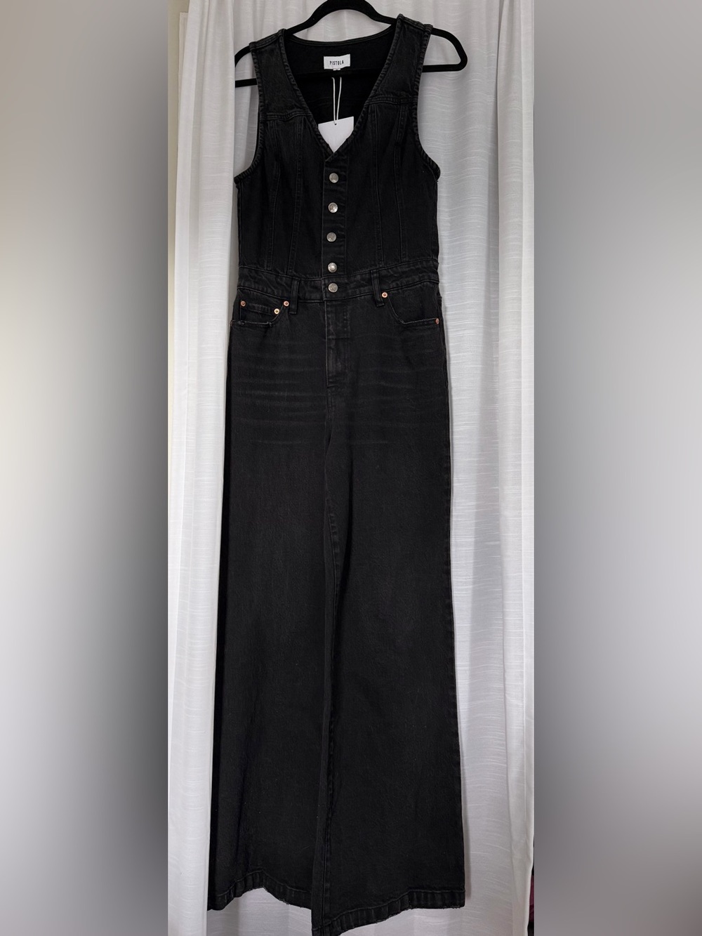 Pistola Black Denim Wide Leg Jumpsuit Overalls Vest Bodice Size M